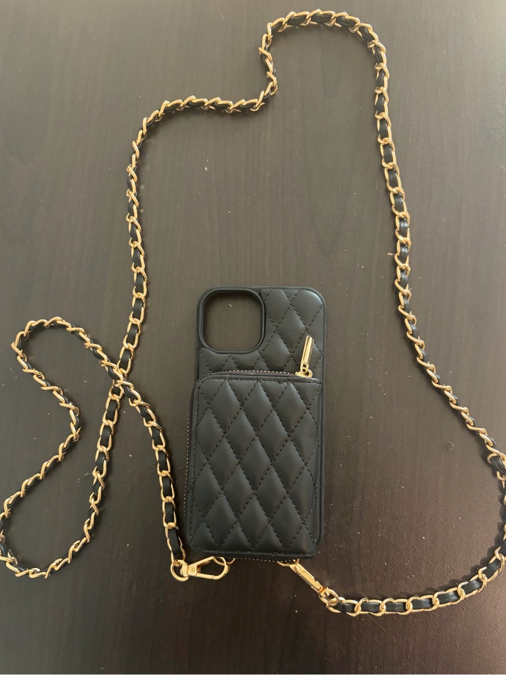 Quilted Black Crossbody Phone Case with Gold Chain Strap